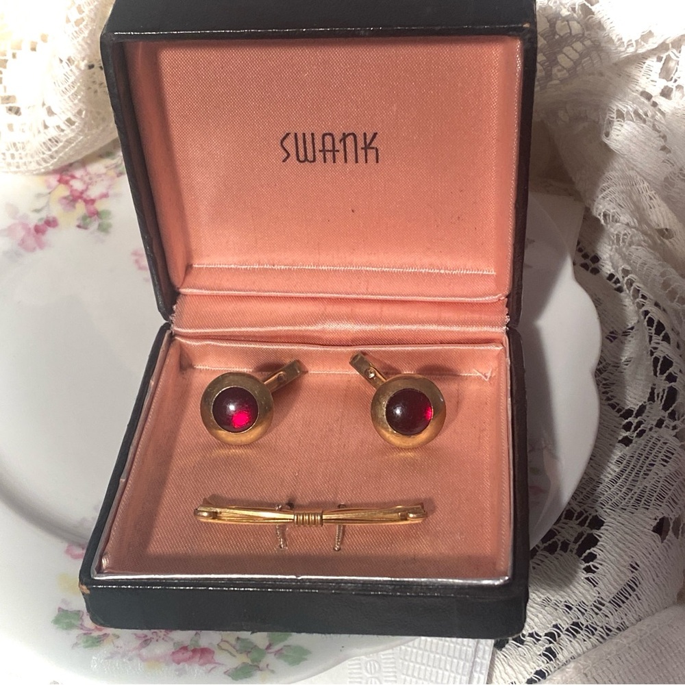 SWANK Gold Filled Red Cabochon Cuff Links & Forstner Gold Filled Tie Clip Bar